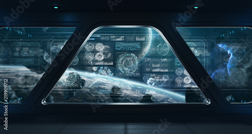 Dark spaceship interior with control panel digital screens 3D rendering