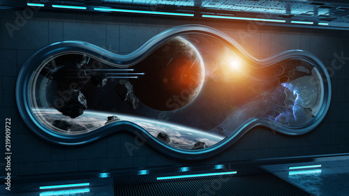 Fototapeta Naklejka Na Ścianę i Meble -  Black tech spaceship round window interior background 3D rendering