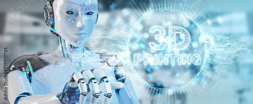 Wallpaper Mural Robot white woman using 3D printing digital hologram 3D rendering Torontodigital.ca