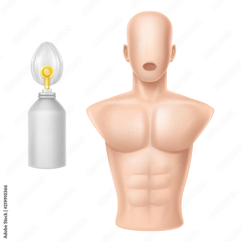 Vector 3d realistic human body for training of artificial respiration, equipment for lifeguards, medical workers. Trainer and gas cylinder with oxygen, apparatus isolated on white background. Vector 3d realistic human body for training of artificial respiration, equipment for lifeguards, medical workers. Trainer and gas cylinder with oxygen, apparatus isolated on white background.