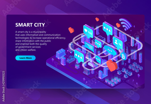 Smart city vector illustration of users internet communication in town. Isometric houses in wireless connection for online chat and bitcoin cryptocurrency for IOT on purple ultraviolet background