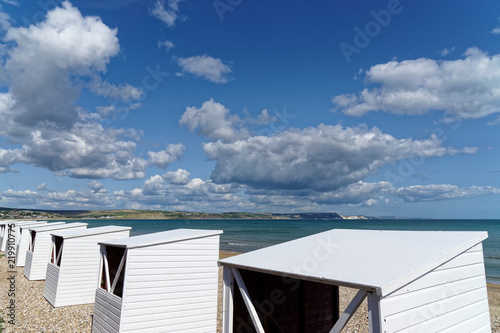 White Beach Huts Along Weymouth Seafront