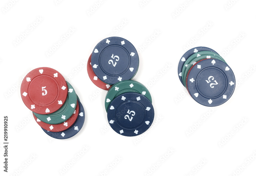 Casino poker chips isolated on white background, top view