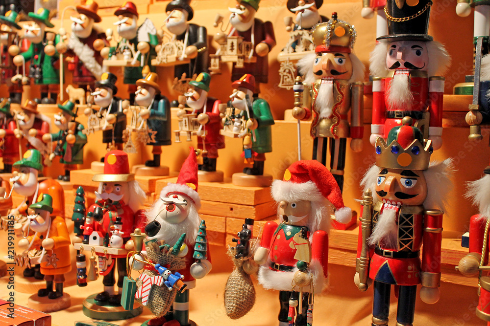 Colorful smokers and nutcrackers at a traditional Christmas market in Rothenburg, Germany.