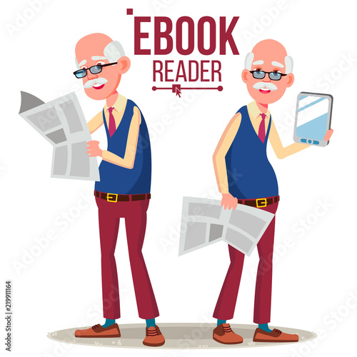 E-Book Reader Vector. Old Man. Paper Book VS E-book. Isolated Flat Cartoon Illustration