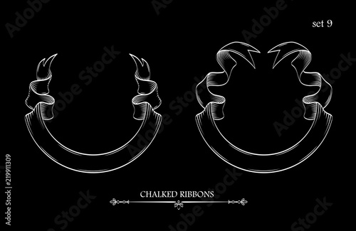 Set of chalk ribbons isolated on black background. Collection of retro labels, banners and logo elements. Logotype design. Vector illustration.