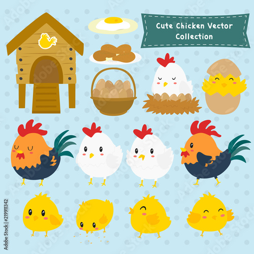 set of cute chickens and farm items cartoon vector. cute rooster, hen and chicks vector set