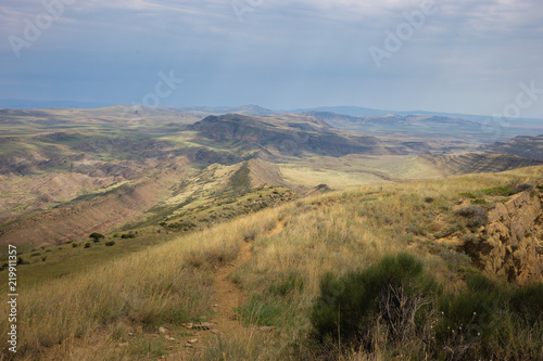 day scene, mount slope, valley. Steppe landscape, top view Georgia the Caucasus