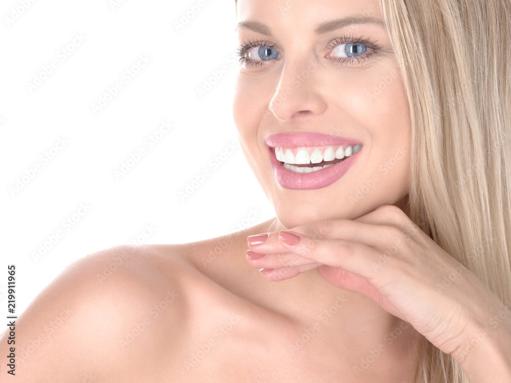 Young cute smiling girl showing her perfect teeth, isolated on white Copy space. Perfect smile. Stomatology concept Young cute smiling girl showing her perfect teeth, isolated on white Copy space. Perfect smile. Stomatology concept