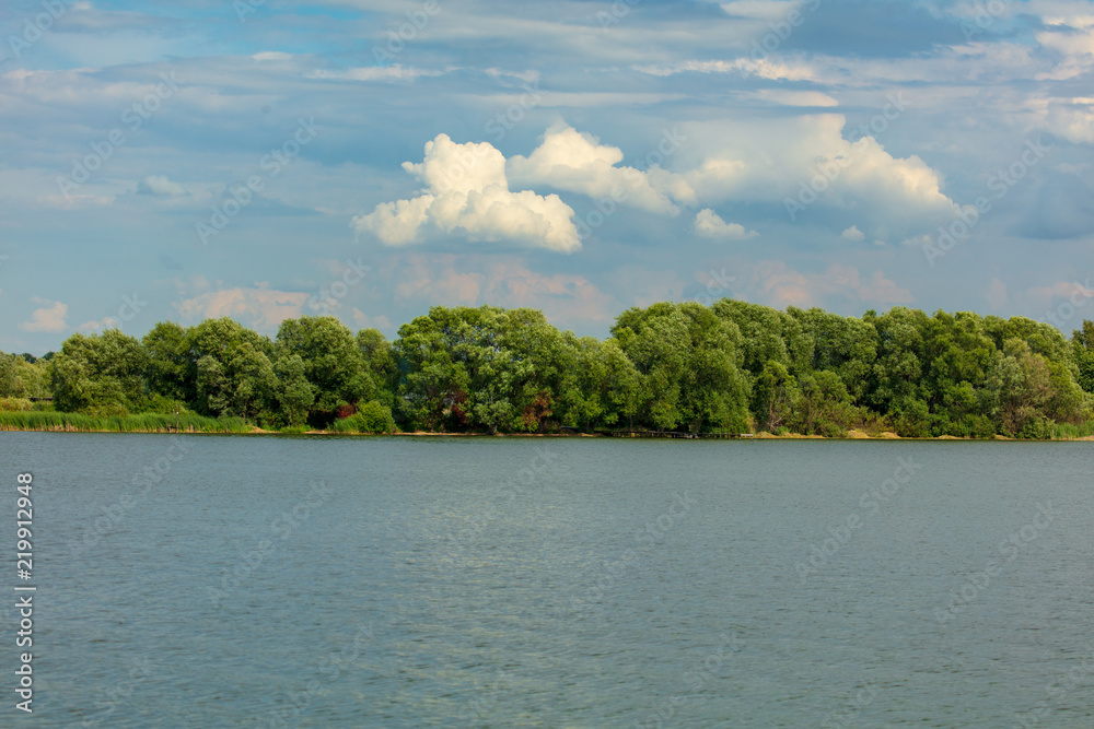 Forest by the lake and sky with clouds Forest by the lake and sky with clouds