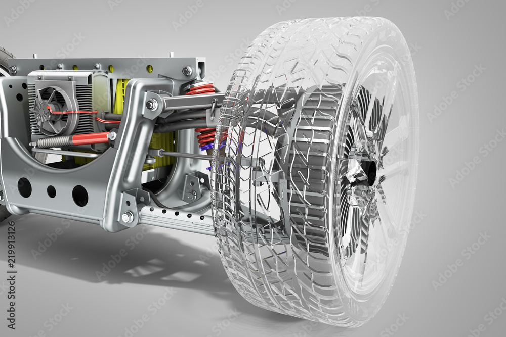 electric car cystem wheelbase with electric vehicle drive system and battery pack 3d render on grey - obrazy, fototapety, plakaty 