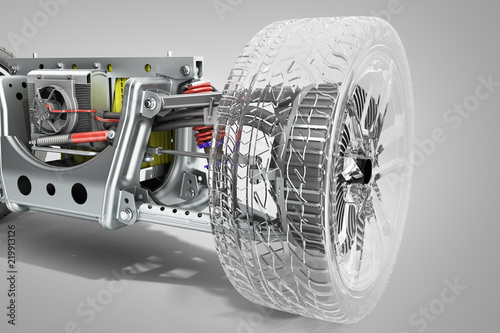 electric car cystem wheelbase with electric vehicle drive system and battery pack 3d render on grey photo
