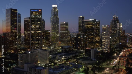 Down Town Los Angeles CA Aerial View From Helicopter and Drone sun set 
