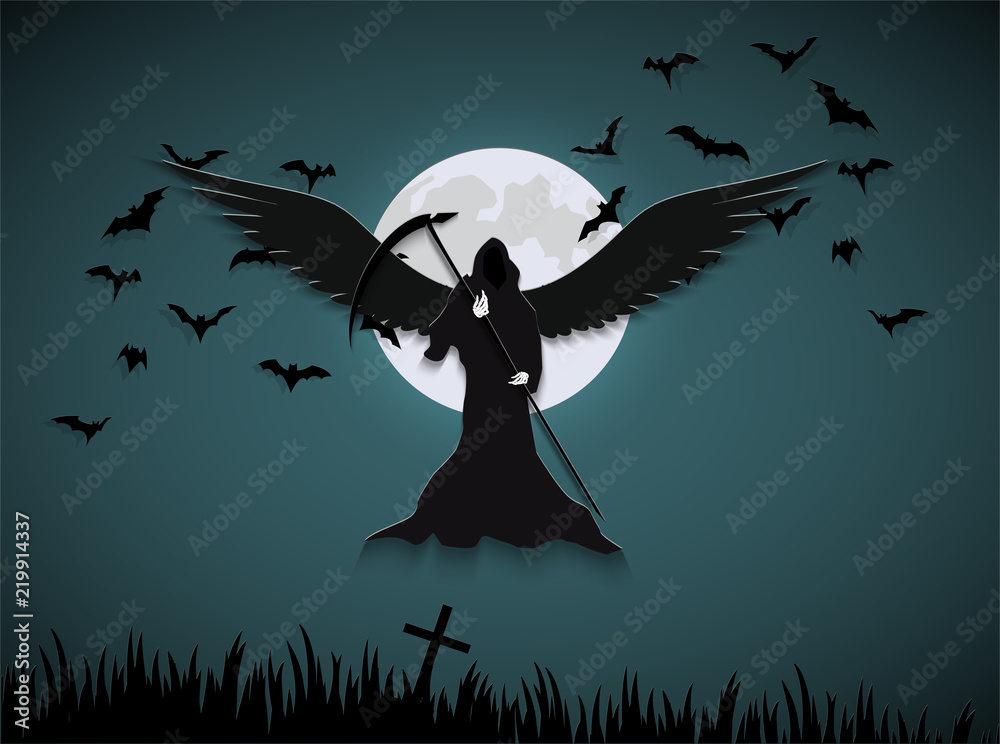 messenger of death in night with bats and moon.halloween,trick or treat.paper cut.