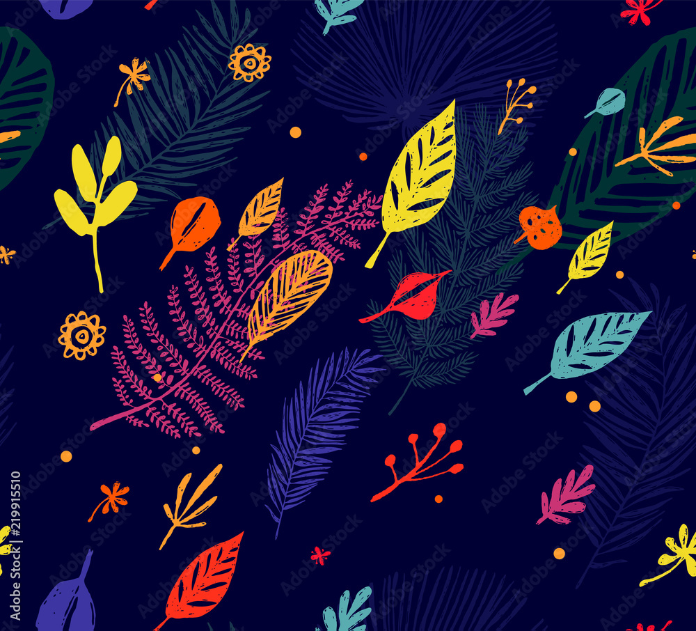 Fototapeta premium Multicolor Seamless trendy pattern, autumn background, exotic leaves. Vector botanical illustration, Great design element for fabric, wrapping paper, congratulation cards, banners, flyers and another