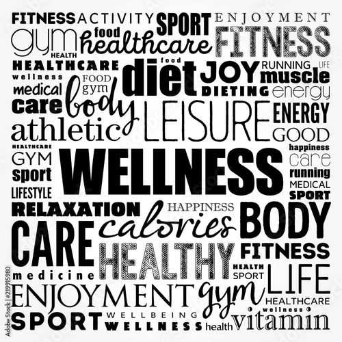 Wellness word cloud collage, health concept background