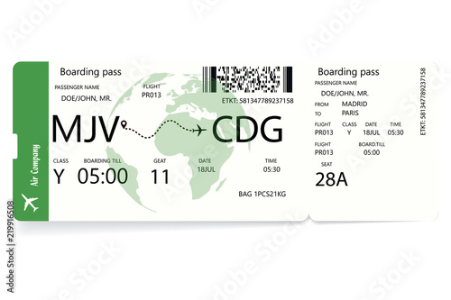 Airline boarding pass. Green ticket isolated on white background. Vector illustration