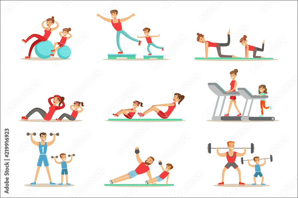 Parent And Child Doing Sportive Exercises And Sport Training Together Having Fun Series Of Scenes