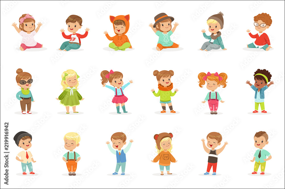 Fototapeta premium Young Children Dressed In Cute Kids Fashion Clothes, Series Of Illustrations With Kids And Style
