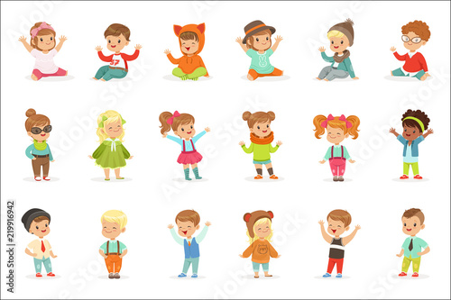Young Children Dressed In Cute Kids Fashion Clothes, Series Of Illustrations With Kids And Style