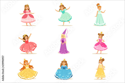 Little Girls In Princess Costume In Crown And Fancy Dress Set Of Cute Kids Dressed As Royals Illustrations