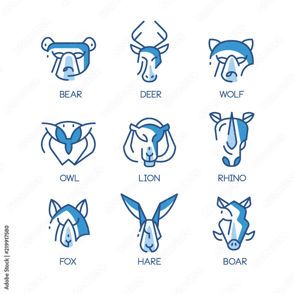 Animal logo design set, emblems with head of bear, wolf, rhino, lion, leo, fox, owl, boar, hare vector Illustrations on a white background