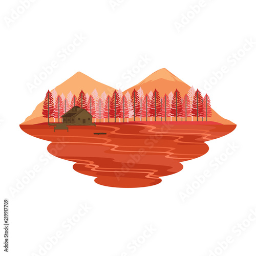 Cabin Hut Cottage on Lake and Camping Mountain View Autumn and Fall Landscape Vector