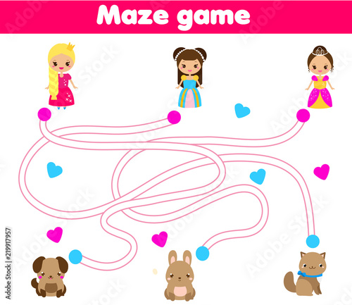 Maze game. Help princess find pet. Activity for children and kids