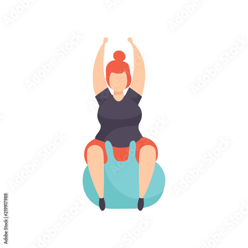 Fat girl exercising on a fitbal, obesity woman wearing sports uniform doing fitness exercise, weight loss program concept vector Illustration on a white background