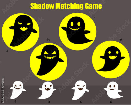 Shadow matching game. Kids activity with ghosts. Halloween theme