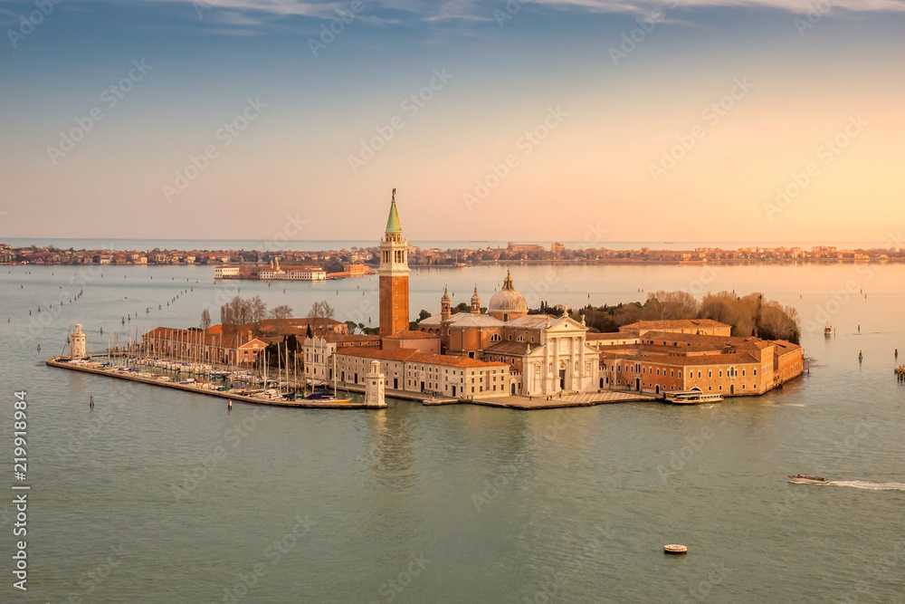Aerial view of San Giorgio Maggiore Island in Venice, Italy. Sunset.