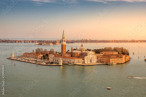 Aerial view of San Giorgio Maggiore Island in Venice, Italy. Sunset.