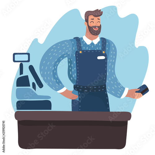 Cashier standing at the checkout in a supermarket.