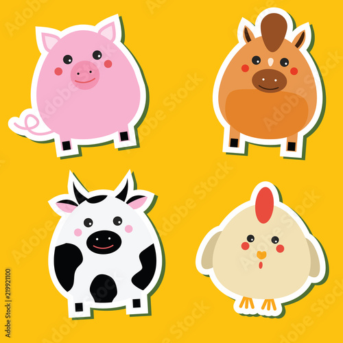 Cute kawaii farm animals stickers set. Vector illustration. Pig, horse, cow, hen