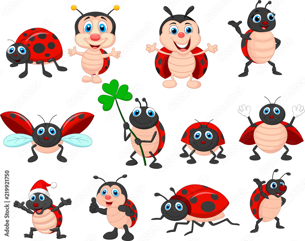 Naklejka premium Zestaw kolekcja kreskówka biedronka