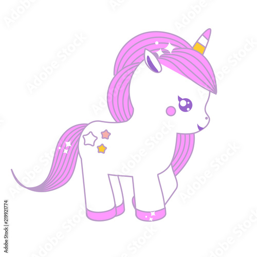 Cute unicorn. Fairy pony, magic horse. Isolated vector illustration in kawaii style for stickers and fashion prints
