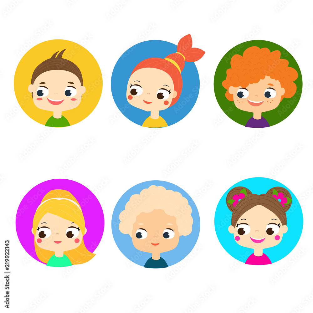 Cartoon children faces. Colorful kids avatars. Cute boys and girls labels, icons Cartoon children faces. Colorful kids avatars. Cute boys and girls labels, icons