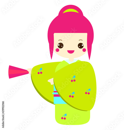 Cute kokeshi in kimono. Traditional japanese doll holding tan. Vector icon in kawaii style