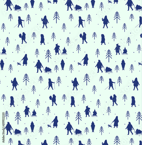 Winter people figures. Men and women carry Christmas and New Year gifts, enjoy park walking and seasonal outdoor activity. Vector pattern or background for winter holidays design