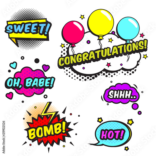 Comic speech bubbles with texts Bomb, congratulations, sweet and other. Vector pop art labels, stickers