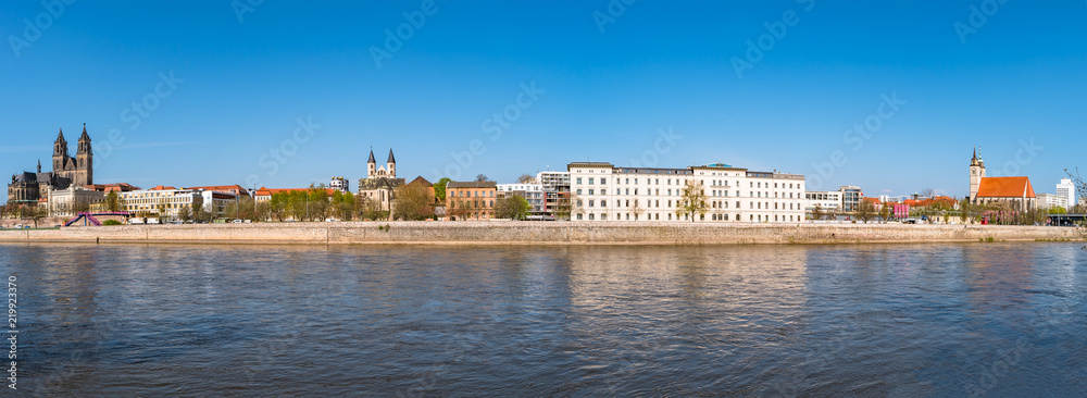 Panoramic view of Elbe, old and new town in Magdeburg