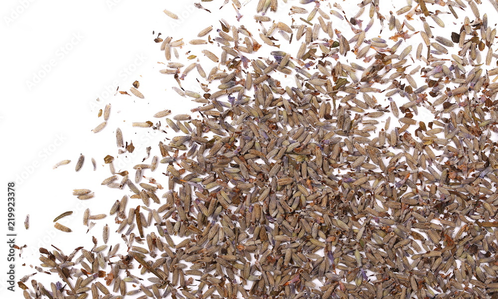 Naklejka premium Dry lavender pile isolated on white background, top view