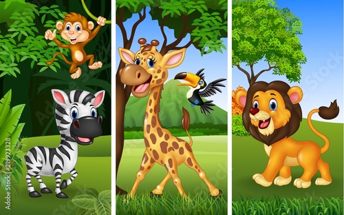 Set of three wild animals with nature background