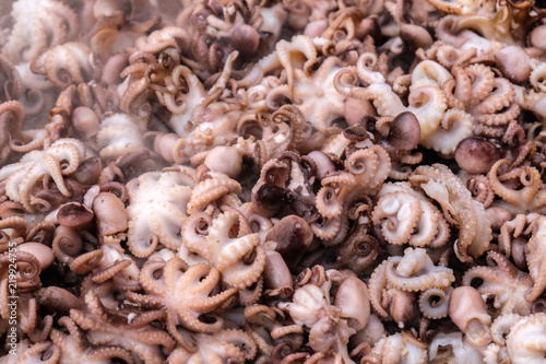 Baby octopus are roasting in a wok at the festival of street food market. close up