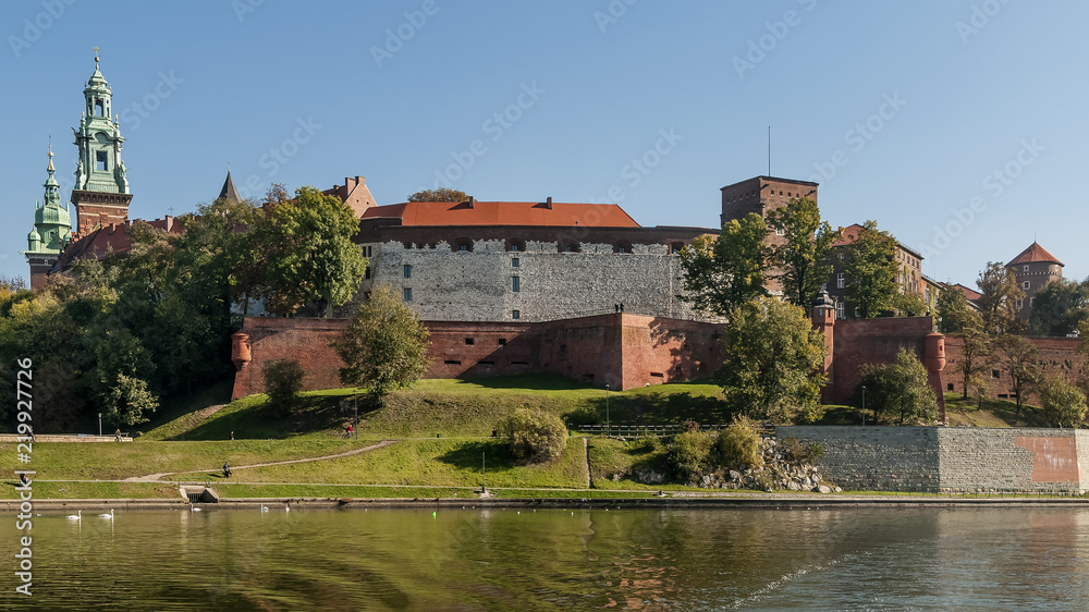 Stunning view of Wawel Castle from the Vistula river in the historic center of Krakow, Poland