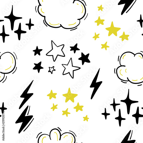 Vector seamless pattern with stars, clouds, lightning in hand drawn comic style. Doodling, doodle. Nursery outline drawing. Good for packaging design, children's room interior decor, kid clothes print
