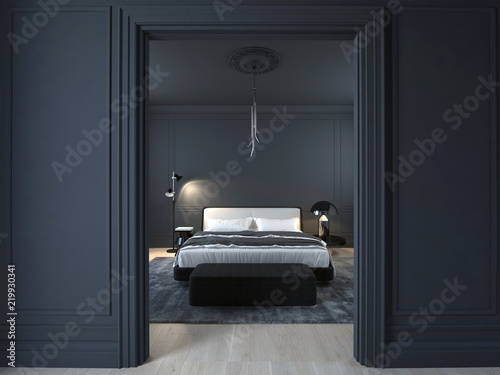 Luxury minimal black bedroom with wood floor