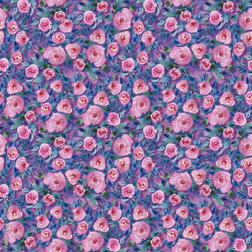 bouquet of flowers of red roses, seamless pattern, watercolor illustration. Pink and purple colors.