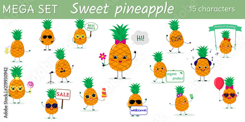 Mega set of fifteen pineapples character in different poses and accessories in cartoon style.