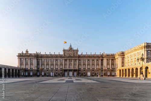 Royal Palace in Madrid, Spain, at sunset